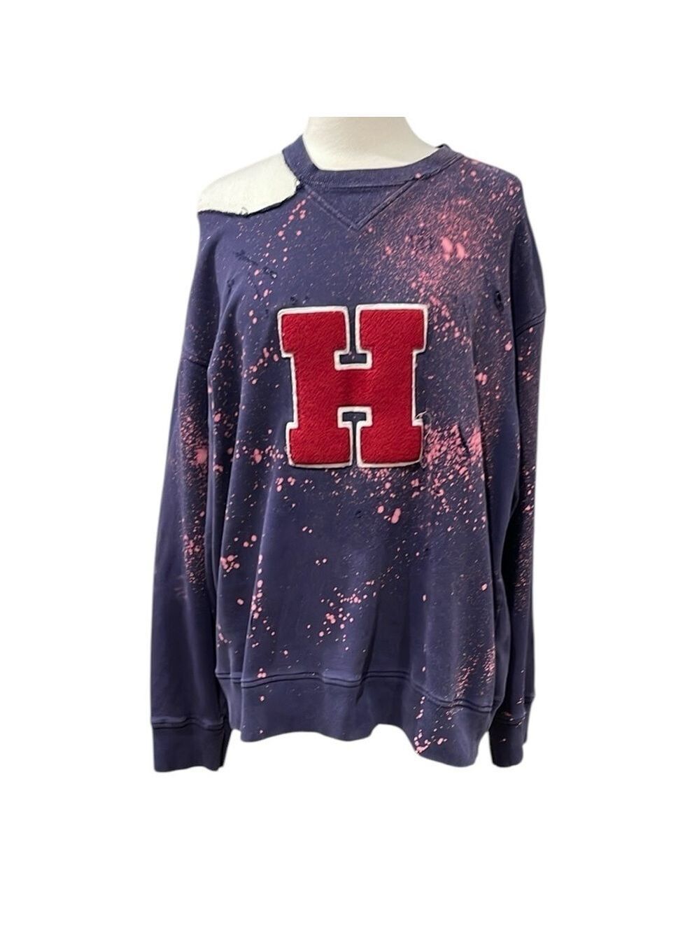 Tommy Hilfiger Splatter Bleach Distressed Oversized H Patch Sweatshirt SZ L